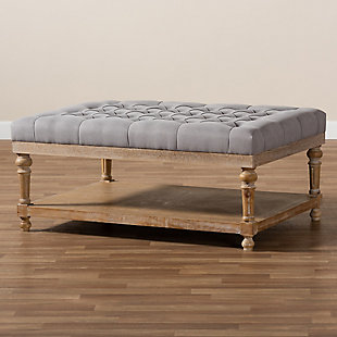 Add a touch of sophisticated grace to your home with the Lindsey ottoman. This modern ottoman is fitted with a wood storage shelf to hold books, movies and more. Padded with foam for the utmost comfort, this ottoman is upholstered in linen fabric and enhanced with elegant button tufting. Excellent craftsmanship adds a weathered feel to the piece, giving it a hint of rustic charm. A perfect accent in rooms with open space, this ottoman can spruce up any modern living room with its stylish utility.Contemporary style | Gray linen upholstery; foam padding | Lower storage shelf made of wood and engineered wood; gray wash finish | Imported | Assembly required