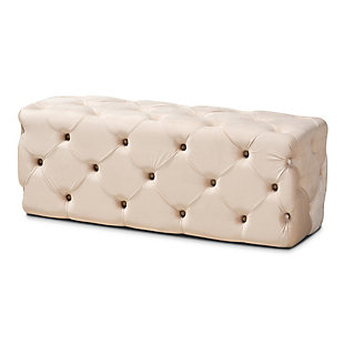 Baxton Studio Jasmine Modern Contemporary Glam and Luxe Beige Velvet Fabric Upholstered Button Tufted Bench Ottoman, , rollover
