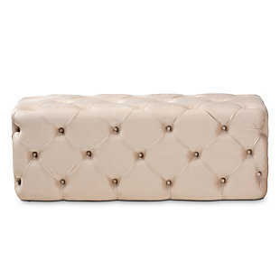 Baxton Studio Jasmine Modern Contemporary Glam and Luxe Beige Velvet Fabric Upholstered Button Tufted Bench Ottoman, , large