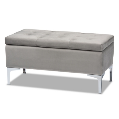 Baxton Studio Mabel Modern and Contemporary Transitional Gray Velvet Fabric Upholstered Silver Finished Storage Ottoman, Gray, large