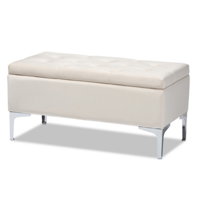 Baxton Studio Mabel Modern and Contemporary Transitional Beige Velvet Fabric Upholstered Silver Finished Storage Ottoman, Beige, rollover