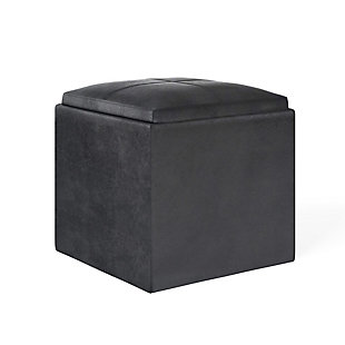 Rockwood 17 inch Wide Contemporary Square Cube Storage Ottoman with Tray in Distressed Black Faux Air Leather, Distressed Black, large