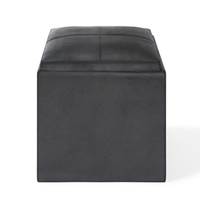 Rockwood 17 inch Wide Contemporary Square Cube Storage Ottoman with Tray in Distressed Black Faux Air Leather, Distressed Black, large