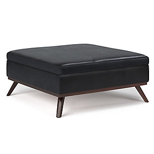Owen 36 inch Wide Mid Century Modern Square Coffee Table Storage Ottoman in Midnight Black Faux Air Leather, Midnight Black, large