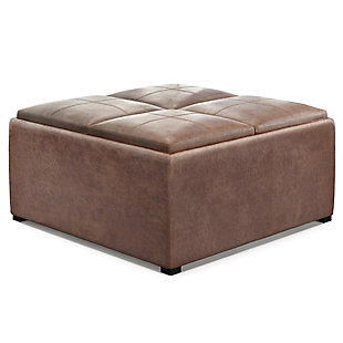Avalon 35 inch Wide Contemporary Square Coffee Table Storage Ottoman in Distressed Umber Brown Faux Air Leather, Umber Brown, large