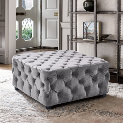 Armen Living Armen Living Taurus Contemporary Ottoman in Grey Velvet with Wood Legs, Gray, rollover