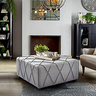 Armen Living Armen Living Gemini Contemporary Ottoman in Silver Linen with Piping Accents and Wood Legs, Silver, rollover