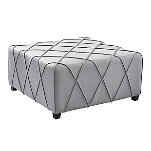 Armen Living Armen Living Gemini Contemporary Ottoman in Silver Linen with Piping Accents and Wood Legs, Silver, large