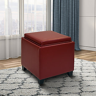 Armen Living Armen Living Rainbow Contemporary Storage Ottoman With Tray in Red Bonded Leather, Red, rollover
