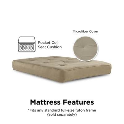 Get your futon frame the mattress it deserves. The Atwater Living Vital 8"Independently Encased Coil Futon Mattress with CertiPUR-US® Certified Foam is made with 522 individually wrapped coils providing you with deluxe support. Plus, the quality foam and polyester layering between cover and coils all guarantee added comfort. The superbly pocketed 15-guage pock coils with a microfiber mattress cover is durable and wipes easily with a damp cloth. The Vital 8” Futon Mattress fits any standard full size futon frame, allowing you to choose from any futon style, suiting you best. Available in multiple colors including: black, grey, brown, blue, merlot and tan. Simply add the mattress to your futon frame and enjoy extra sleeping and seating places! If you recline your futon sofa into a bed, we promise the Vital Encased Coil Futon Mattress will leave you and your guests feeling rejuvenated after a good nights rest.Independently, superbly pocketed 15-gauge pocket coils that help provide equal weight distribution by contouring to the curves of your body and relieving pressure points along your neck, shoulders, back and hips. | Quality foam and polyester layering between cover and coils for optimal comfort. Microfiber mattress cover. | Fits any standard full-size futon frame (sold separately). | Foam in this mattress is made without pbdes, tdcpp or tcep (“tris”) flame retardants, ozone depleters, mercury, lead and heavy metals. Meets federal flammability standard 16 cfr 1633. Foam is low in voc emissions for indoor air quality (less than 0.5 ppm). Made without phthalates regulated by the consumer safety product commission