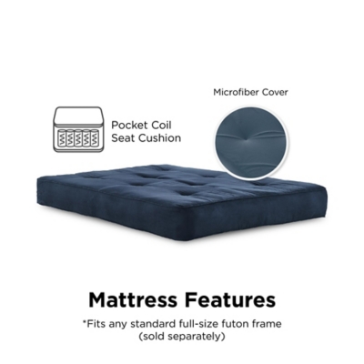 Get your futon frame the mattress it deserves. The Atwater Living Vital 8"Independently Encased Coil Futon Mattress with CertiPUR-US® Certified Foam is made with 522 individually wrapped coils providing you with deluxe support. Plus, the quality foam and polyester layering between cover and coils all guarantee added comfort. The superbly pocketed 15-guage pock coils with a microfiber mattress cover is durable and wipes easily with a damp cloth. The Vital 8” Futon Mattress fits any standard full size futon frame, allowing you to choose from any futon style, suiting you best. Available in multiple colors including: black, grey, brown, blue, merlot and tan. Simply add the mattress to your futon frame and enjoy extra sleeping and seating places! If you recline your futon sofa into a bed, we promise the Vital Encased Coil Futon Mattress will leave you and your guests feeling rejuvenated after a good nights rest.Independently, superbly pocketed 15-gauge pocket coils that help provide equal weight distribution by contouring to the curves of your body and relieving pressure points along your neck, shoulders, back and hips. | Quality foam and polyester layering between cover and coils for optimal comfort. Microfiber mattress cover. | Fits any standard full-size futon frame (sold separately). | Foam in this mattress is made without pbdes, tdcpp or tcep (“tris”) flame retardants, ozone depleters, mercury, lead and heavy metals. Meets federal flammability standard 16 cfr 1633. Foam is low in voc emissions for indoor air quality (less than 0.5 ppm). Made without phthalates regulated by the consumer safety product commission