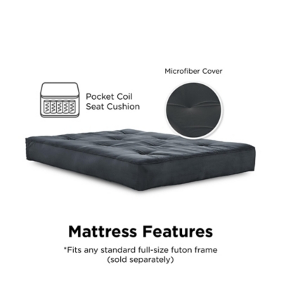 Get your futon frame the mattress it deserves. The Atwater Living Vital 8"Independently Encased Coil Futon Mattress with CertiPUR-US® Certified Foam is made with 522 individually wrapped coils providing you with deluxe support. Plus, the quality foam and polyester layering between cover and coils all guarantee added comfort. The superbly pocketed 15-guage pock coils with a microfiber mattress cover is durable and wipes easily with a damp cloth. The Vital 8” Futon Mattress fits any standard full size futon frame, allowing you to choose from any futon style, suiting you best. Available in multiple colors including: black, grey, brown, blue, merlot and tan. Simply add the mattress to your futon frame and enjoy extra sleeping and seating places! If you recline your futon sofa into a bed, we promise the Vital Encased Coil Futon Mattress will leave you and your guests feeling rejuvenated after a good nights rest.Independently, superbly pocketed 15-gauge pocket coils that help provide equal weight distribution by contouring to the curves of your body and relieving pressure points along your neck, shoulders, back and hips. | Quality foam and polyester layering between cover and coils for optimal comfort. Microfiber mattress cover. | Fits any standard full-size futon frame (sold separately). | Foam in this mattress is made without pbdes, tdcpp or tcep (“tris”) flame retardants, ozone depleters, mercury, lead and heavy metals. Meets federal flammability standard 16 cfr 1633. Foam is low in voc emissions for indoor air quality (less than 0.5 ppm). Made without phthalates regulated by the consumer safety product commission