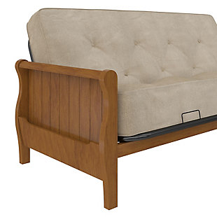 The Atwater Living Ronson Wood Arm Futon with Walnut Wood Finish represents timeless style. With built-in side pockets, a strong metal base and solid wood arms, pair it with an 8" coil futon mattress (sold separately) to convert it into a full size bed.Mid-century modern futon with side storage perfect for books and magazines. | Sturdy and durable metal frame with solid wood arms | Pair with premium 8" coil mattress with microfiber upholstery and independently encased coils for superior comfort (mattress sold separately) | Mid-century modern futon with side storage perfect for books and magazines. Sturdy and durable metal frame with solid wood arms pair with premium 8" coil mattress with microfiber upholstery and independently encased coils for superior comfort (mattress sold separately) ships in one box. Quick and easy assembly. Converts to a comfortable full size sleeper. 1-year limited warranty.