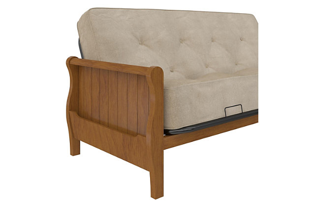 The Atwater Living Ronson Wood Arm Futon with Walnut Wood Finish represents timeless style. With built-in side pockets, a strong metal base and solid wood arms, pair it with an 8" coil futon mattress (sold separately) to convert it into a full size bed.Mid-century modern futon with side storage perfect for books and magazines. | Sturdy and durable metal frame with solid wood arms | Pair with premium 8" coil mattress with microfiber upholstery and independently encased coils for superior comfort (mattress sold separately) | Mid-century modern futon with side storage perfect for books and magazines. Sturdy and durable metal frame with solid wood arms pair with premium 8" coil mattress with microfiber upholstery and independently encased coils for superior comfort (mattress sold separately) ships in one box. Quick and easy assembly. Converts to a comfortable full size sleeper. 1-year limited warranty.