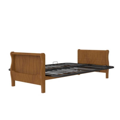 The Atwater Living Ronson Wood Arm Futon with Walnut Wood Finish represents timeless style. With built-in side pockets, a strong metal base and solid wood arms, pair it with an 8" coil futon mattress (sold separately) to convert it into a full size bed.Mid-century modern futon with side storage perfect for books and magazines. | Sturdy and durable metal frame with solid wood arms | Pair with premium 8" coil mattress with microfiber upholstery and independently encased coils for superior comfort (mattress sold separately) | Mid-century modern futon with side storage perfect for books and magazines. Sturdy and durable metal frame with solid wood arms pair with premium 8" coil mattress with microfiber upholstery and independently encased coils for superior comfort (mattress sold separately) ships in one box. Quick and easy assembly. Converts to a comfortable full size sleeper. 1-year limited warranty.