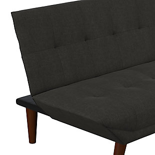 Bringing the wow factor, the Atwater Living Jake small space modern futon is a beauty with its luxe linen upholstery and square tufting. The cozy couch easily turns from sofa, to lounger, to bed to offer versatile positions for your comfort. The tufted dark gray upholstery gives it extra flair that makes this futon fashionable and functional.Upholstered in dark gray linen | Foam cushions | Button tufting details on the backrest and seating | Frame made with wood | Legs made with solid wood | Push or pull mechanism to change futon positions | Three positions: sitting, lounging and sleeping | Assembly required