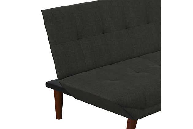 Bringing the wow factor, the Atwater Living Jake small space modern futon is a beauty with its luxe linen upholstery and square tufting. The cozy couch easily turns from sofa, to lounger, to bed to offer versatile positions for your comfort. The tufted dark gray upholstery gives it extra flair that makes this futon fashionable and functional.Upholstered in dark gray linen | Foam cushions | Button tufting details on the backrest and seating | Frame made with wood | Legs made with solid wood | Push or pull mechanism to change futon positions | Three positions: sitting, lounging and sleeping | Assembly required
