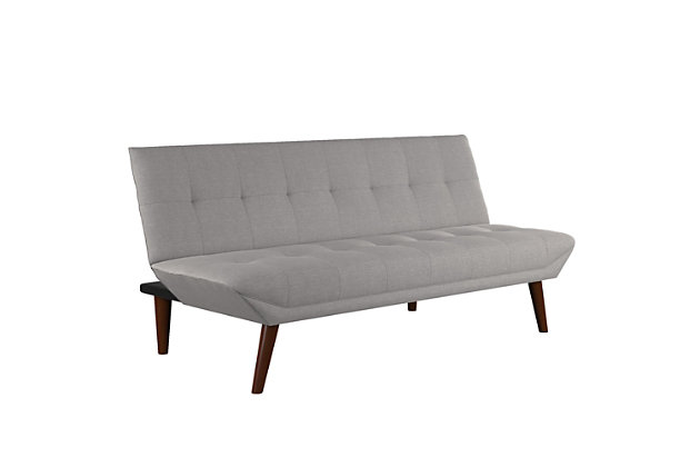 Bringing the wow factor, the Atwater Living Jake small space modern futon is a beauty with its luxe linen upholstery and square tufting. The cozy couch easily turns from sofa, to lounger, to bed to offer versatile positions for your comfort. The tufted light gray upholstery gives it extra flair that makes this futon fashionable and functional.Upholstered in light gray linen | Foam cushions | Button tufting details on the backrest and seating | Frame made with wood | Legs made with solid wood | Push or pull mechanism to change futon positions | Three positions: sitting, lounging and sleeping | Assembly required
