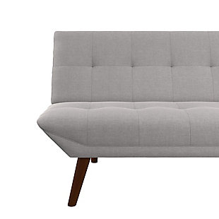 Bringing the wow factor, the Atwater Living Jake small space modern futon is a beauty with its luxe linen upholstery and square tufting. The cozy couch easily turns from sofa, to lounger, to bed to offer versatile positions for your comfort. The tufted light gray upholstery gives it extra flair that makes this futon fashionable and functional.Upholstered in light gray linen | Foam cushions | Button tufting details on the backrest and seating | Frame made with wood | Legs made with solid wood | Push or pull mechanism to change futon positions | Three positions: sitting, lounging and sleeping | Assembly required