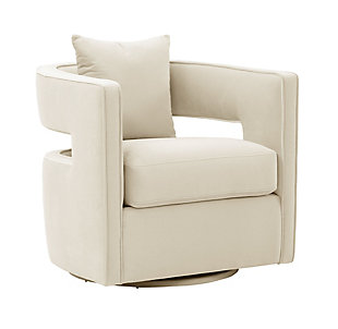 The minimalistic Kennedy swivel chair is versatile and stylish. A comfortable foam fill makes it as plush and inviting as it looks, while the solid wood frame and stainless steel legs set a sturdy foundation. This eye-catching chair will add a pop of style to any space. Available in several sumptuous velvet color options.Made of wood and steel | Handmade by skilled furniture craftsmen | Swivel chair with stainless steel base | Soft and sumptuous velvet upholstery | Removable seat back cushion | Ships assembled