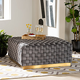 Noah Gray Velvet Fabric Upholstered and Gold Finished Square Cocktail Ottoman, , rollover