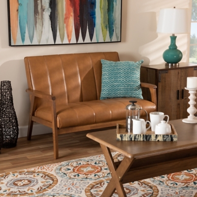 Nikko Tan Faux Leather Upholstered and Walnut Brown Finished Wood Loveseat, , rollover