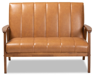 Nikko Tan Faux Leather Upholstered and Walnut Brown Finished Wood Loveseat, , large