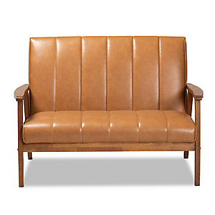 Nikko Tan Faux Leather Upholstered and Walnut Brown Finished Wood Loveseat, , large