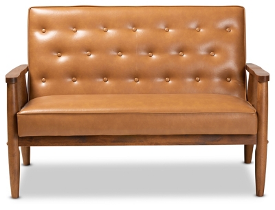 Sorrento Tan Faux Leather Upholstered and Walnut Brown Finished Wood Loveseat, , large