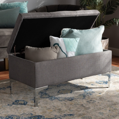 Mabel Transitional Gray Fabric Upholstered and Silver Finished Metal Storage Ottoman, Gray, rollover