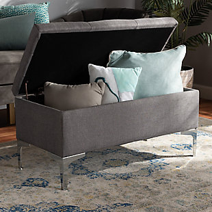 Mabel Transitional Gray Fabric Upholstered and Silver Finished Metal Storage Ottoman, Gray, rollover