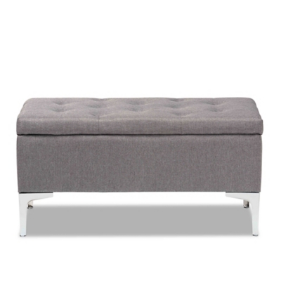 Mabel Transitional Gray Fabric Upholstered and Silver Finished Metal Storage Ottoman, Gray, large