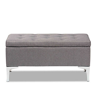 Mabel Transitional Gray Fabric Upholstered and Silver Finished Metal Storage Ottoman, Gray, large