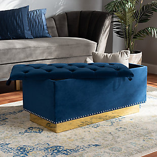 Powell Navy Blue Velvet Fabric Upholstered and Gold PU Leather Storage Ottoman, Blue, rollover
