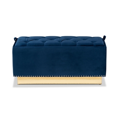 Powell Navy Blue Velvet Fabric Upholstered and Gold PU Leather Storage Ottoman, Blue, large