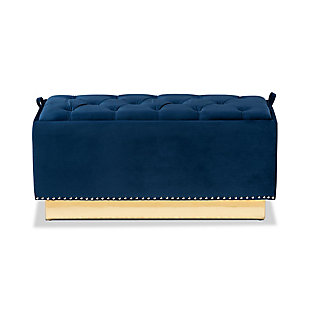 Powell Navy Blue Velvet Fabric Upholstered and Gold PU Leather Storage Ottoman, Blue, large