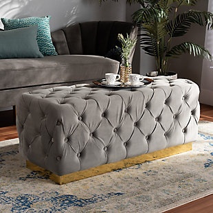 Corrine Gray Velvet Fabric Upholstered and Gold PU Leather Ottoman, Gray, rollover