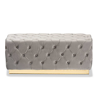 Corrine Gray Velvet Fabric Upholstered and Gold PU Leather Ottoman, Gray, large