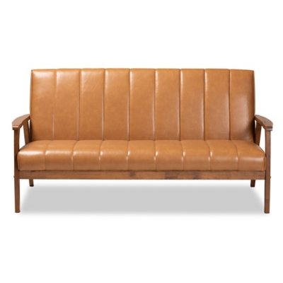 Nikko Tan Faux Leather Upholstered and Walnut Brown Finished Wood Sofa, , large