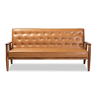 Sorrento Tan Faux Leather Upholstered and Walnut Brown Finished Wood Sofa, , large