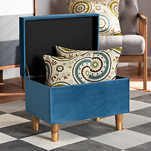 Elias Sky Blue Velvet Fabric Upholstered and Oak Brown Finished Wood Storage Ottoman, Blue/Brown, rollover