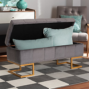 Ellery Gray Velvet Fabric Upholstered and Gold Finished Metal Storage Ottoman, Gray, rollover