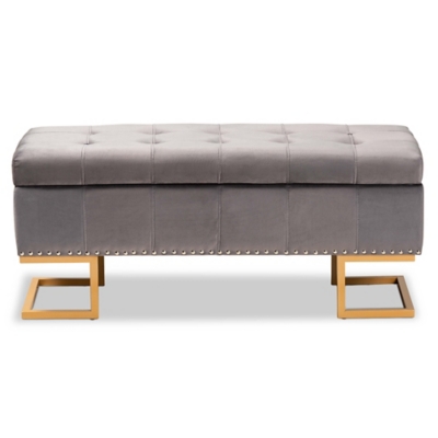 Ellery Gray Velvet Fabric Upholstered and Gold Finished Metal Storage Ottoman, Gray, large