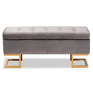 Ellery Gray Velvet Fabric Upholstered and Gold Finished Metal Storage Ottoman, Gray, large