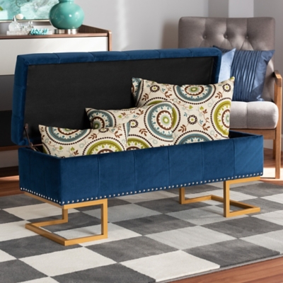 Ellery Navy Blue Velvet Fabric Upholstered and Gold Finished Metal Storage Ottoman, Blue, rollover