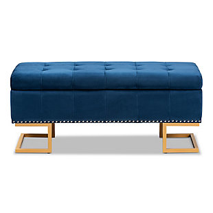 Ellery Navy Blue Velvet Fabric Upholstered and Gold Finished Metal Storage Ottoman, Blue, large