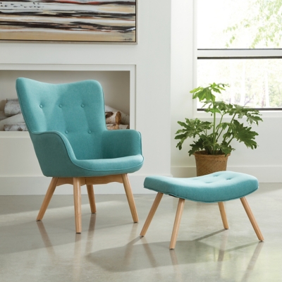 OFM Mid Century Modern Tufted Fabric Lounge Chair with Ottoman, Teal, rollover