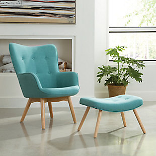 OFM Mid Century Modern Tufted Fabric Lounge Chair with Ottoman, Teal, rollover
