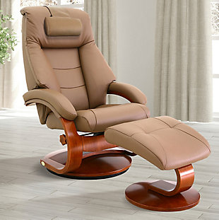 Relax-R Montreal Recliner and Ottoman with Pillow in Grain Leather, Sand, rollover