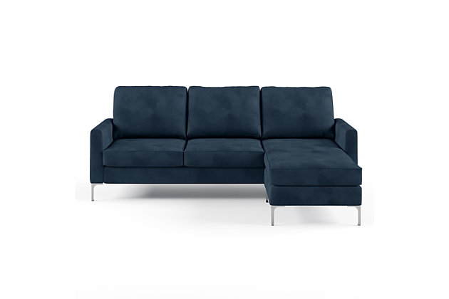 The Novogratz Chapman Sectional Sofa with Chrome Legs will enhance your living space and become a modern focal point of relaxation and lounging in your home. With a sleek design, ideal for small spaces, the Chapman features slightly rounded corners and slender mailbox arms that maximize seating space. Able to adapt to a variety of environments with its clean appearance and cushioned comfort, this sectional brings both a modern sensibility and a padded, roomy and relaxed L-shaped silhouette. Upholstered in a soft, blue velvet fabric, the Chapman has a floating ottoman or chaise that can be, positioned on either side for the ultimate in versatility and comfort. Anchored by a chrome leg base that draws the eye to its chic and polished style, the Novogratz Chapman Sectional Sofa with Chrome Legs will make a great addition to your living space for years to come. Robert and Cortney Novogratz - designers and parents of 7 - have always dreamt of creating the boutique experience for the modern family. For over 25 years, the husband and wife duo have been designing and developing spaces around the world. The Novogratzes' love of design, art, and architecture have driven their careers.Ideal small space living room furniture. Modern L shaped sectional sofa designed with chrome legs and a soft velvet upholstery to lounge in complete comfort. | Slender mailbox arms maximize seating space. Floating ottoman or chaise can be placed on either left or right side for added functionality. | Pair with the matching Novogratz Ottoman with Chrome Legs (DA037OT, sold separately) to complete the relaxed look. | Minimal assembly required. 1-year limited warranty. Also available in grey.